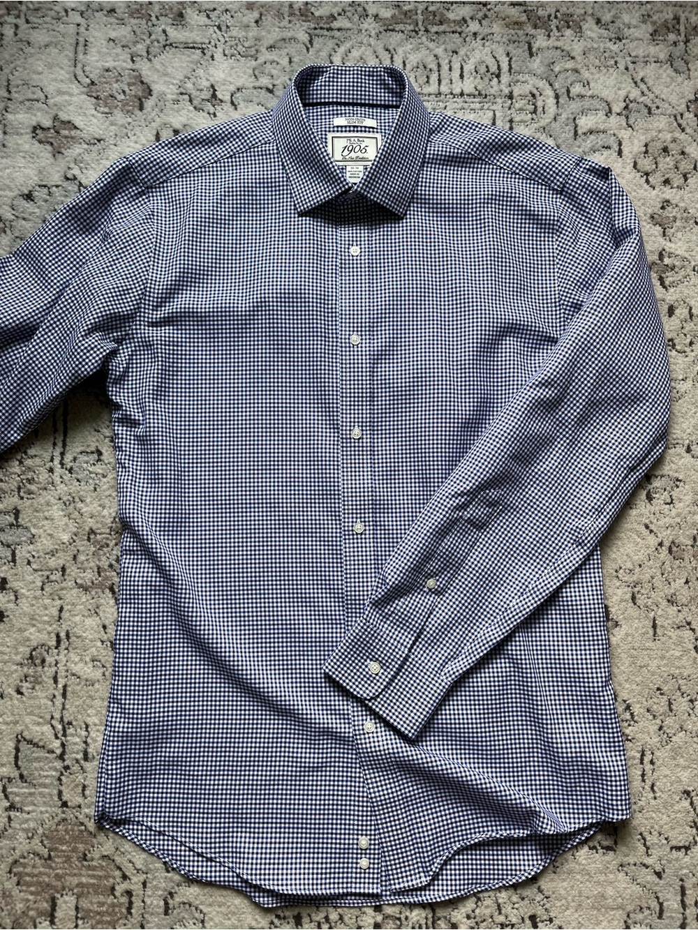 Jos. A. Bank Non-Iron Slim Fit Dress Shirt Purple Blue Check 16 Neck, 34 Sleeve